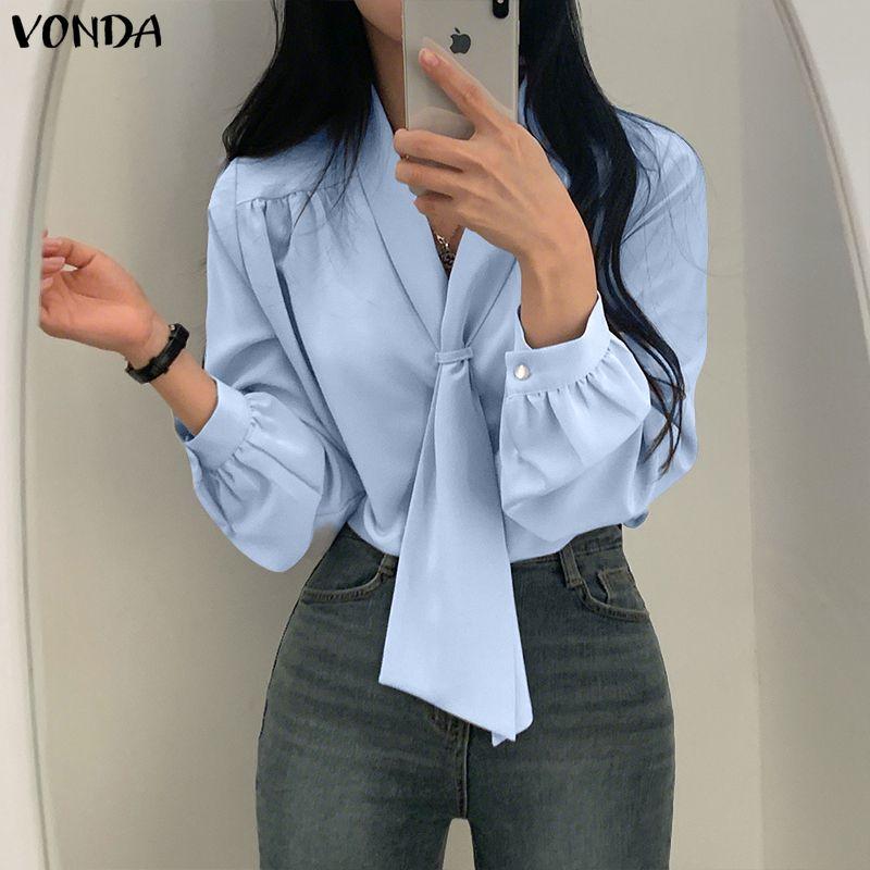 VONDA Womens Casual Tie Up V Neck Long Sleeve Casual Office Shirts Blouse