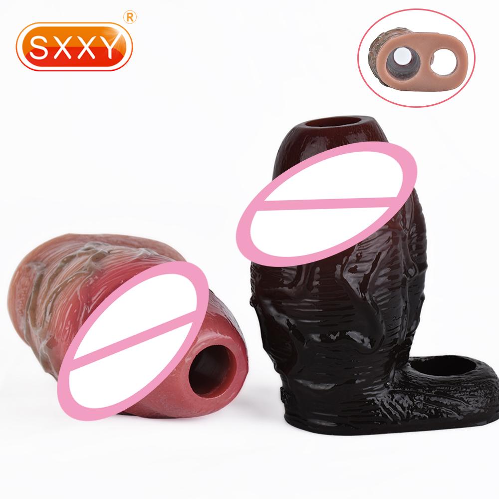 SXXY Two Colors Thick Realistic Penis Sleeve With Openwork Design Silicone Wearable Dick Sheath For Men Cock Enlargement Sexshop