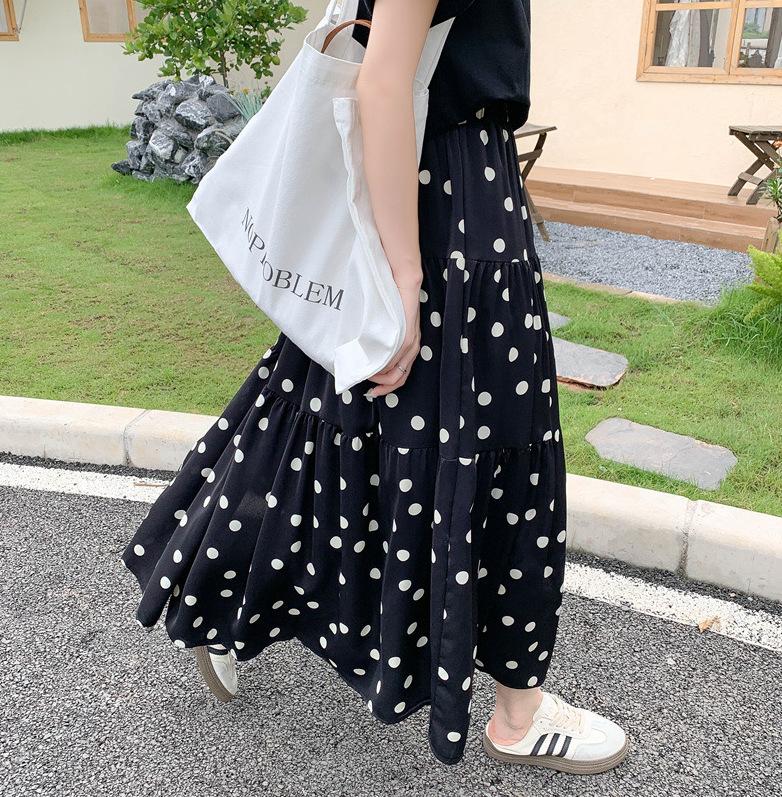 Summer Polka Dot Splicing Long Skirt Korean Style A-shaped Skirt Versatile Skirt Fashion Trendy Classic Polka Dot Tiered Cake Skirt S чёрный