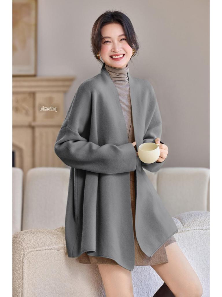 Woll-Cardigan-Übermantel - Damen Locker Einfarbig Gestrickt für Herbst/Winter 2025