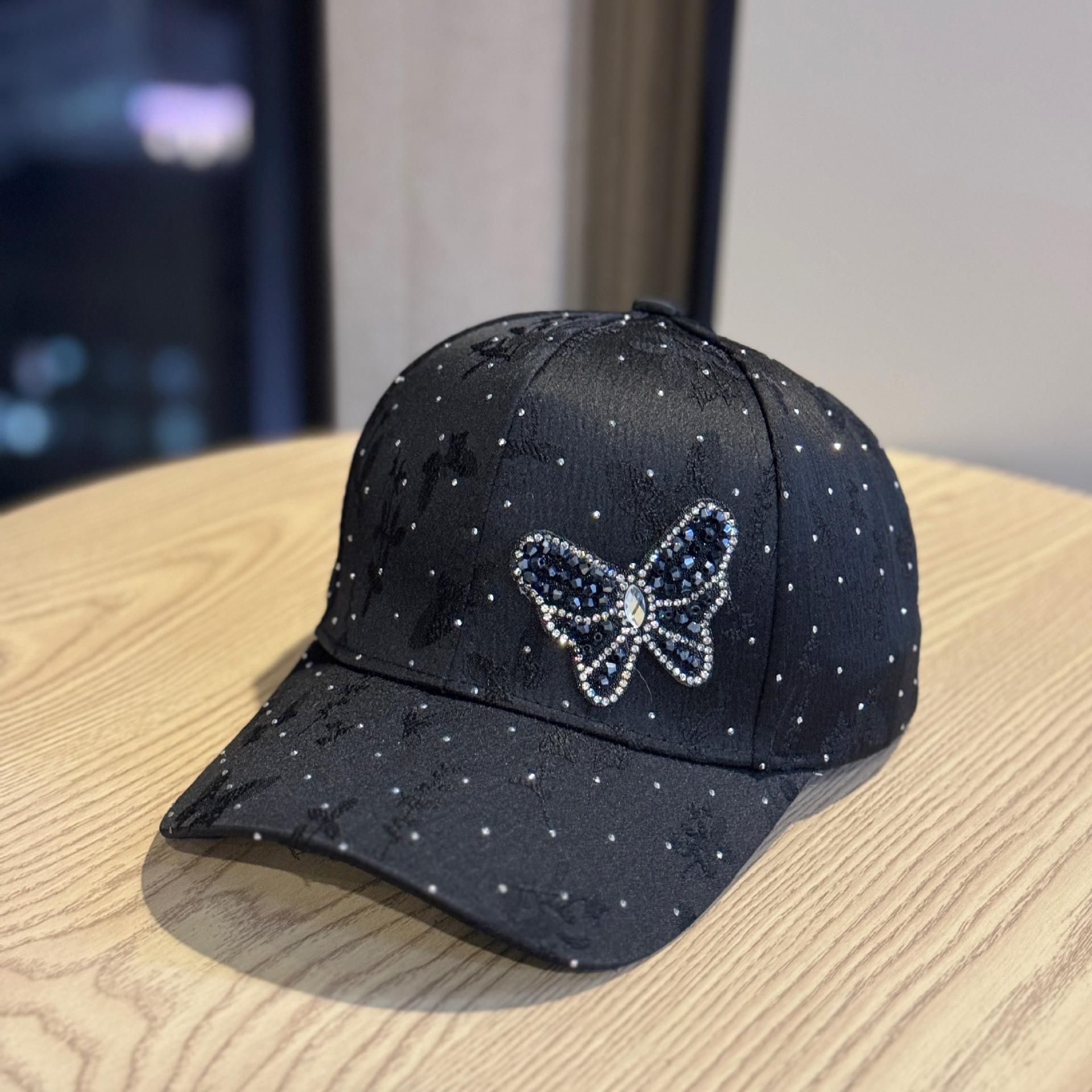 

New rhinestone butterfly baseball cap for women, stylish and versatile for spring and summer, sun protection hat with lace pattern Adult54-60Adjustable чёрный