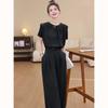 D.F.DEAR Elegant Round Neck Short Sleeve Wide-Leg Pants Set