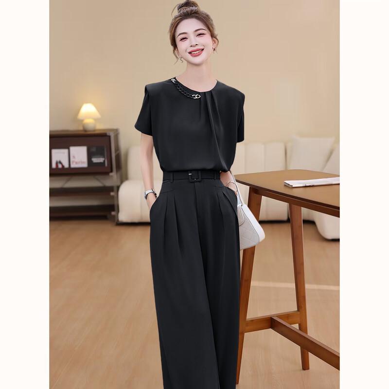 D.F.DEAR Elegant Round Neck Short Sleeve Wide-Leg Pants Set