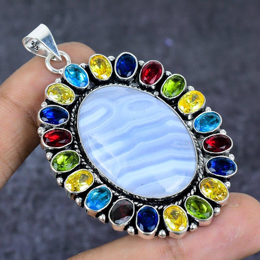 Natural Blue Lace Agate Gemstone 925 Sterling Silver Jewelry Pendant 2.64" ETC-13775