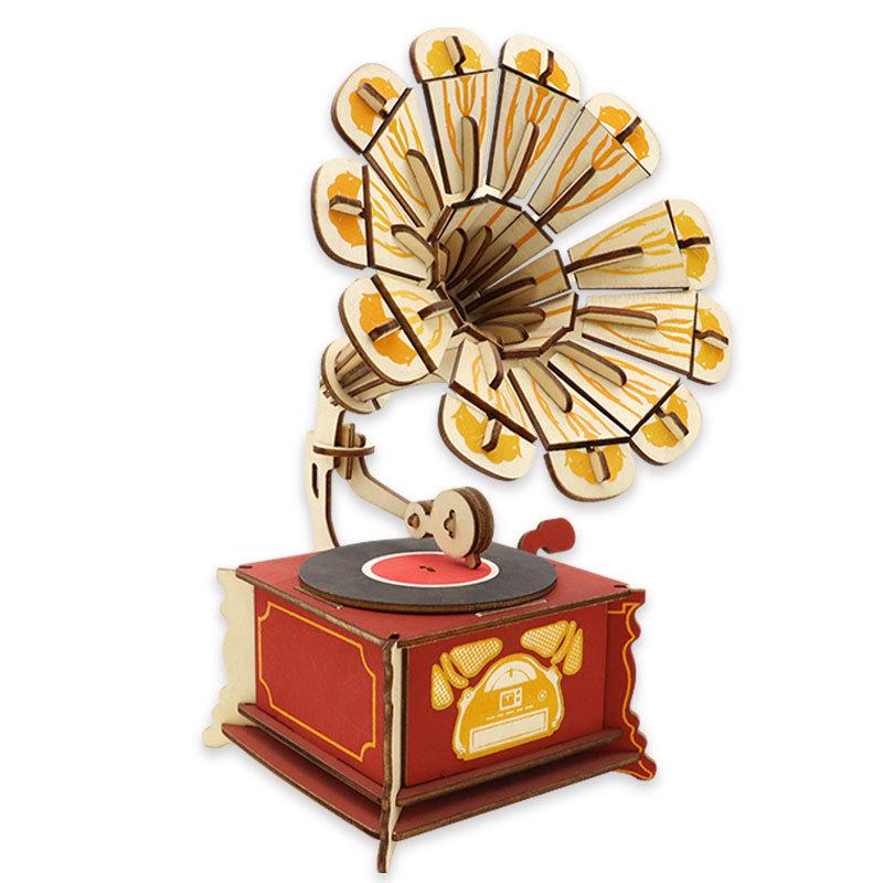 

1 шт. Модель-симулятор музыкального инструмента граммофона, Деревянная сборка Детский пазл, Сделай сам ручной работы Строительный блок Трехмерный пазл
