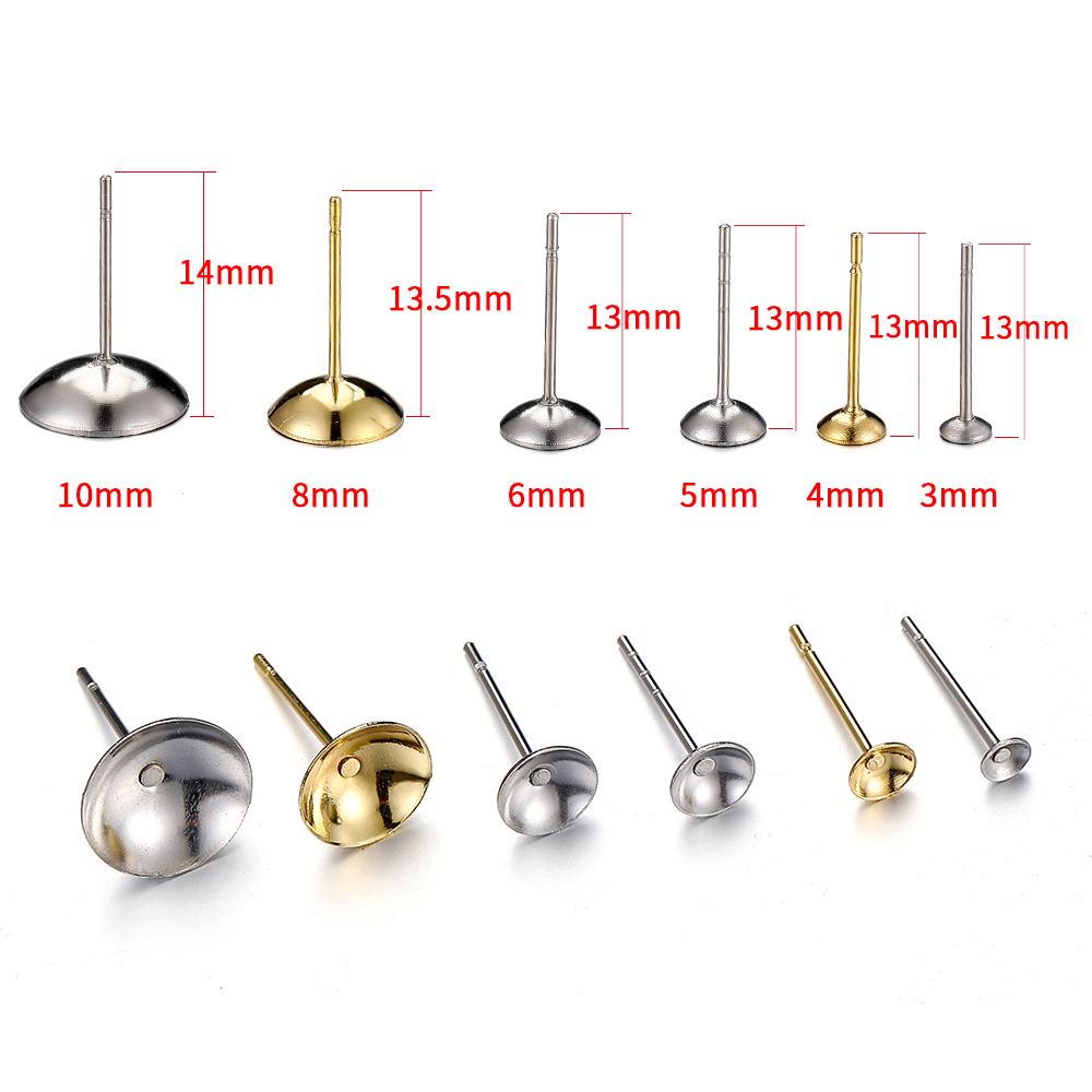 50pcs 3-8mm Stainless Steel Ear Studs Base for Pearl Earrings Earring Base for Jewelry Making DIY Gold Color Accessories