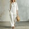 Women's Solid Color Stand Collar Half Sleeve Blouse And Wide Leg Pants Set Casual Linen Look Elastic Waist Two Piece Outfit