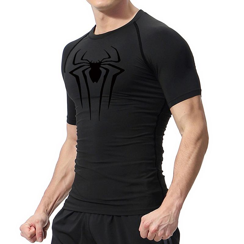 Spider Print Compression Shirts for Men Summer Short Sleeve Rash Guard Gym Workout Tshirt Athletic Quick Dry Undershirts Tops