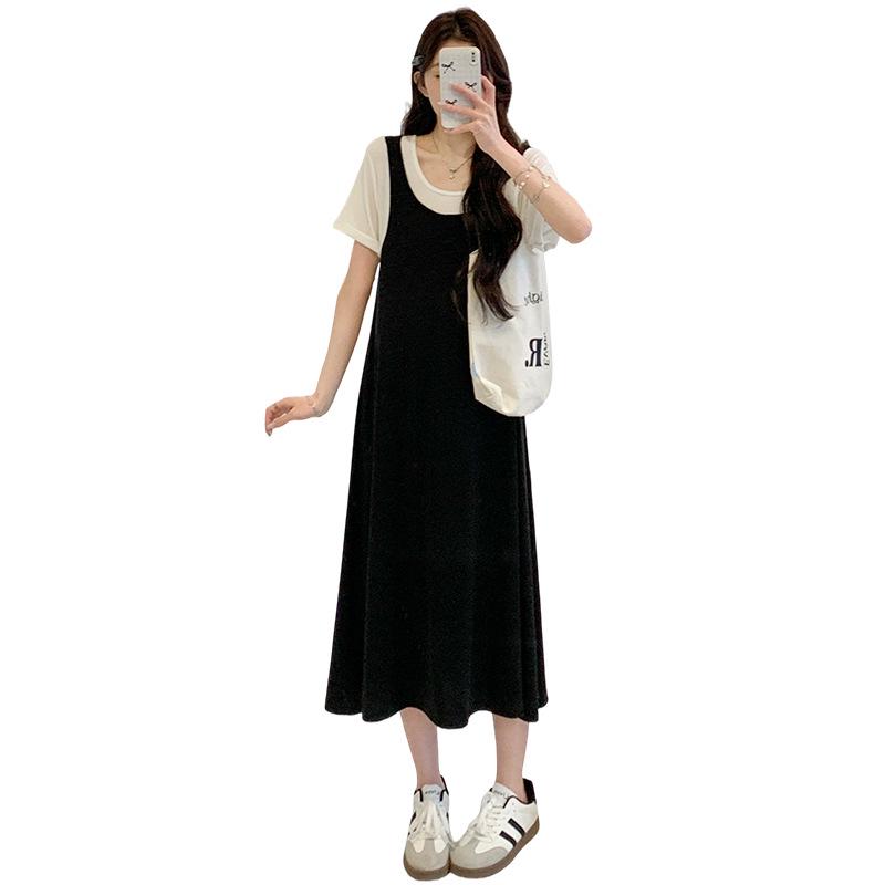 Stylish 2026 Summer Maternity Dress - Faux Two-Piece, Conceals Pregnancy