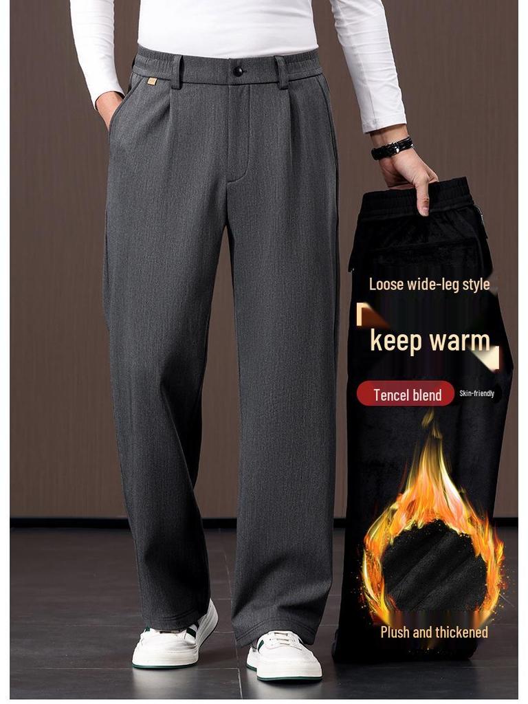 2024 Herren Tencel-Mischung Weitbein-Fleecegefütterte Warme Hose für Väter mittleren Alters