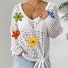Women's V-neck Pullover Top Hollow Blouse with Bow Tie Woolen Outer Layer Knitted Sweater Spliced Loose