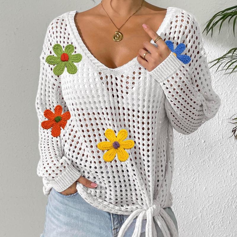 Women's V-neck Pullover Top Hollow Blouse with Bow Tie Woolen Outer Layer Knitted Sweater Spliced Loose
