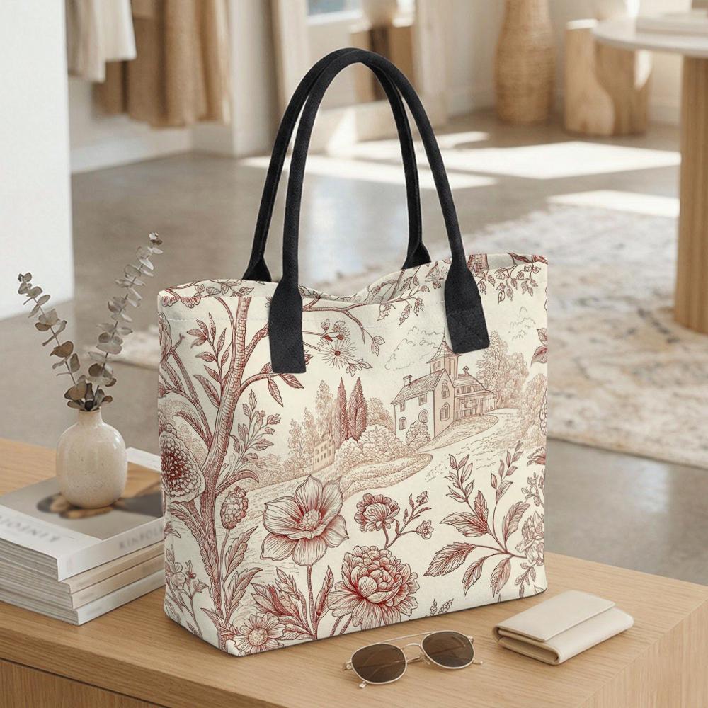 Vintage Floral Pattern Tote Bag Large Capacity Daily Use Canvas Shoulder Bag for Women