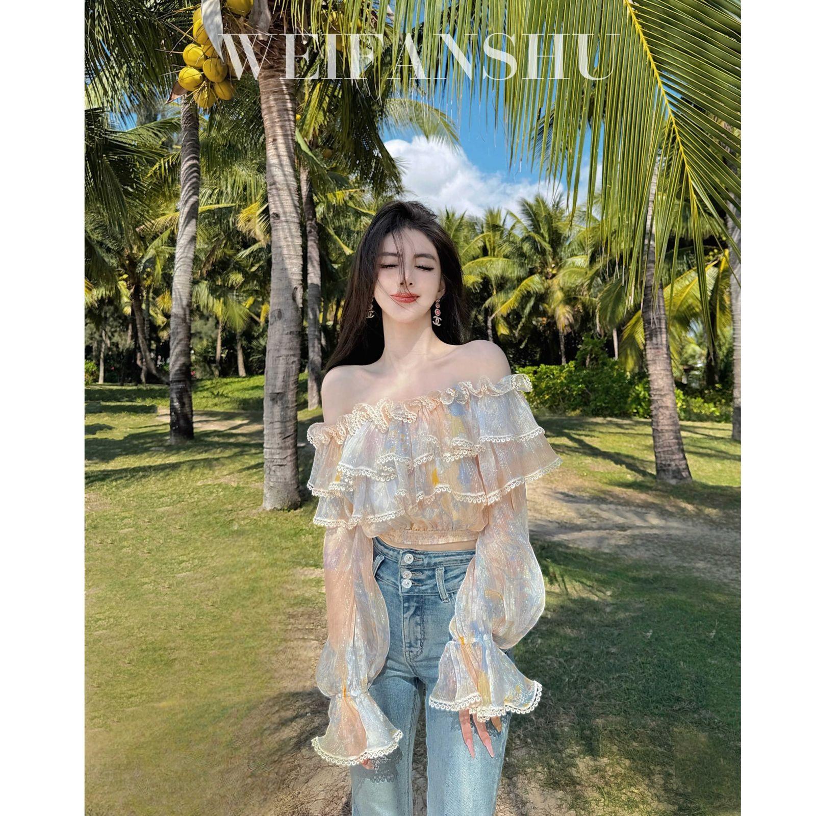 

WTEMPO Spring and Summer Tops French Ruffle Leaf Edge Short One Shoulder Temperament Top Fairy Off Shoulder Blouses XXL бежевый