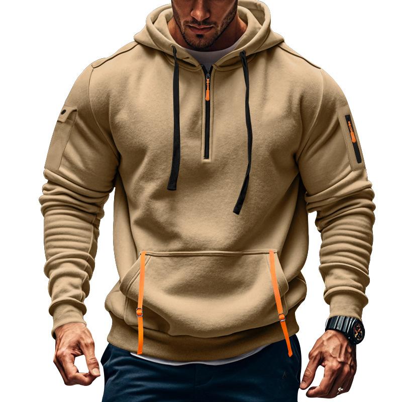 Spring and Autumn Zipper Multi Pocket Sports and Leisure Hoodies Men's Contrast Color Zipper Hooded Sweatshirts
