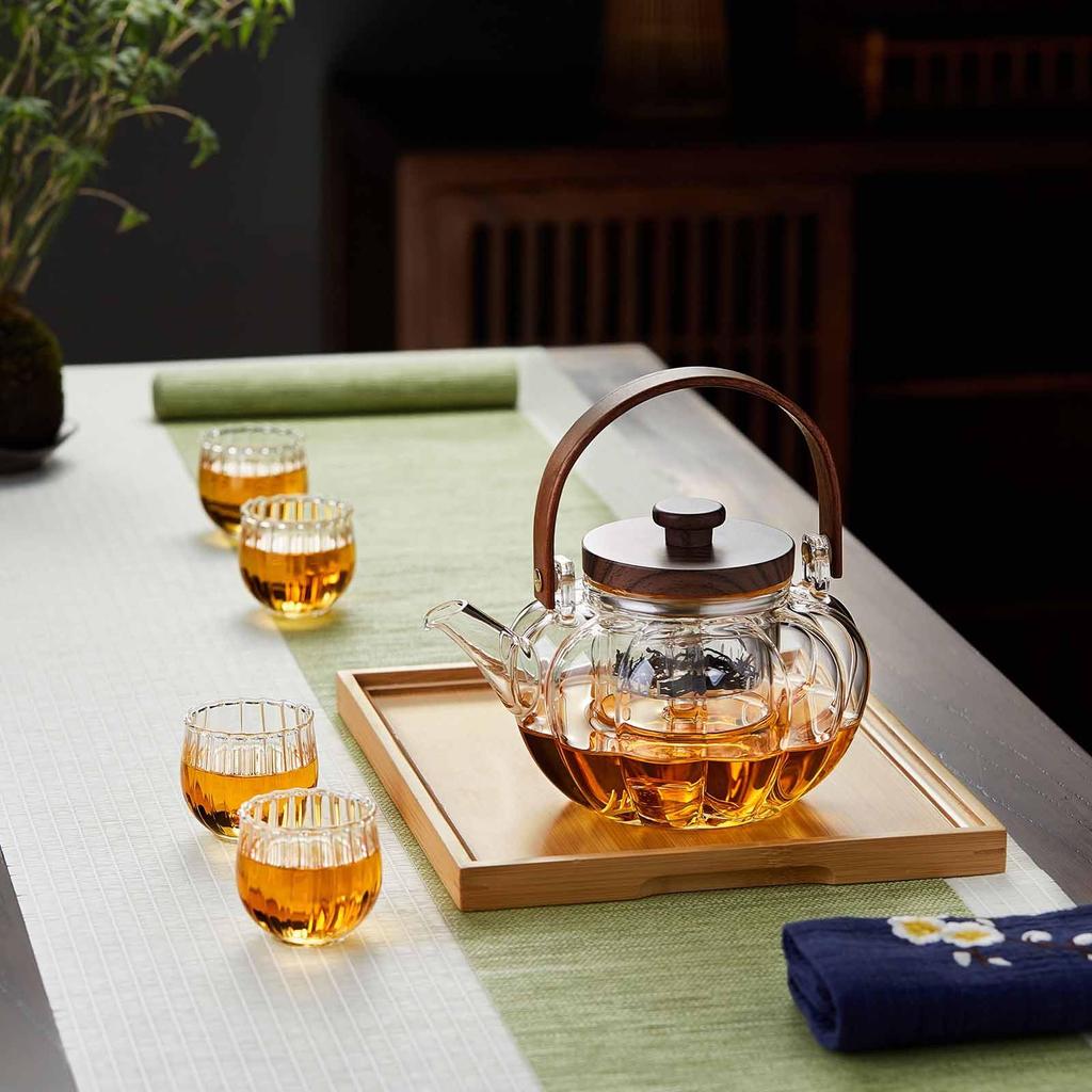 Pokaro Tea Heat-Resistant Glass Teapot, Pumpkin Shape, 940ml, Vertical Stripe Design, Suitable for Steaming and Boiling Tea, Includes Tea Strainer,