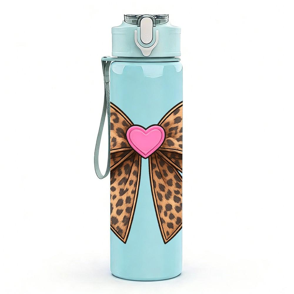 1PC Leopard Bow Pink Heart 750ml Color Plastic Sports Water Bottle Leakproof Flip Straw Lid Suitable for Sports Office Home Use