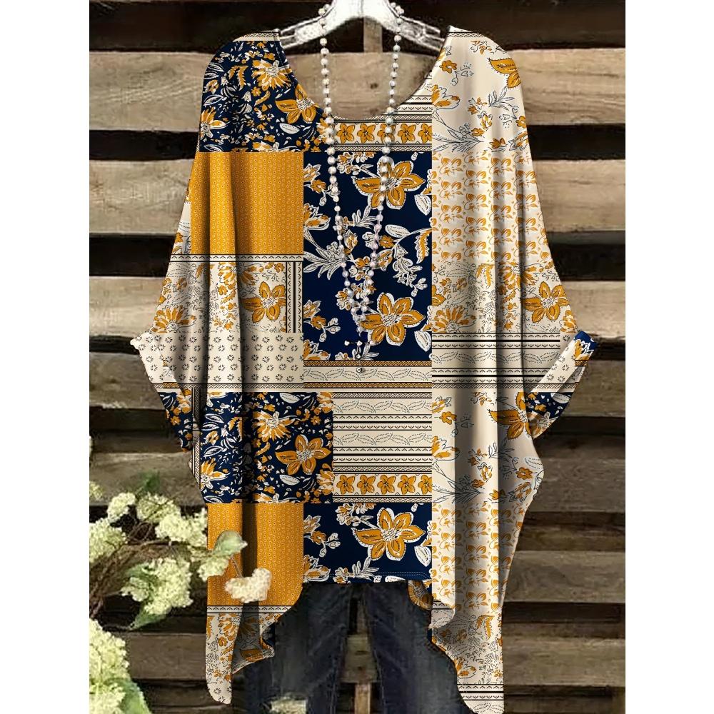 Women's T-Shirt Comfort Versatile Grid Print Loose O-Neck Elegant Bohemian Y2k Clothes Machine Washable Fashion Women's Clothing