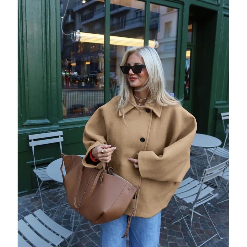Womens Wool Blend Oversized Turn-Down Collar Batwing Sleeve Cardigan Coat - Classic Office Chic
