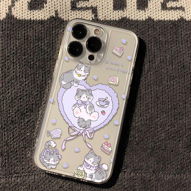 Lila Liebesherz Blumen Katze Hülle für Apple iPhone 13/14/15/16/17 Pro Max