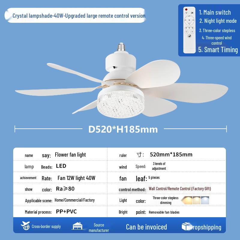 Ferngesteuerte LED-Blumen-Ventilatorleuchte mit E27-Sockel und stufenloser Dimmung für Zuhause