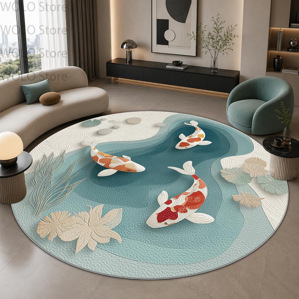 Koi Fish Pond 3D Pattern Living Room Round Rug Decoration Home Bedroom Study Non-slip Soft Chair Mat Bedside Washable Carpet