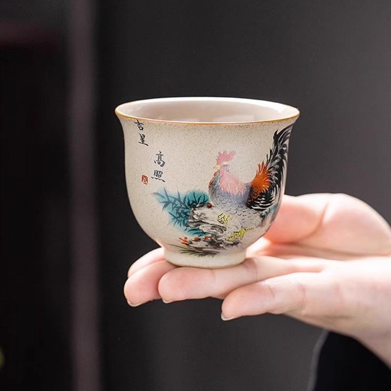1 Pc Chinese Handmade Cock Ceramic Teacup Vintage Pottery Tea Cup Portable Tea Bowl Pu'er Master Cup Travel Tea Set Accessories