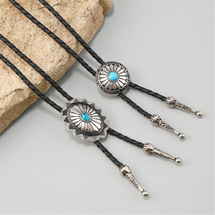 Turquoises Flower Pendant Bolo Tie Necklace For Men Women Cowboy Adjustable Leather Cord Necktie Casual Evening Wear