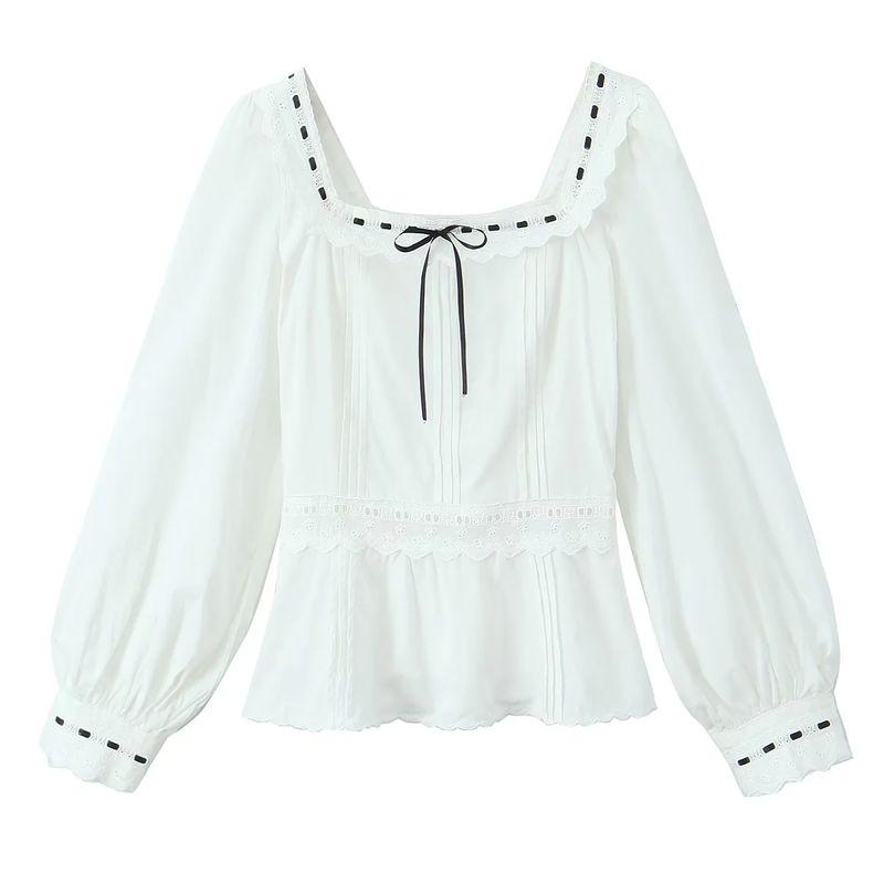 

Spring New Women s Clothing French Style Retro Square Collar Lace Lace Hem Embroidery Tie-Neck Bubble Long Sleeve Tops White L