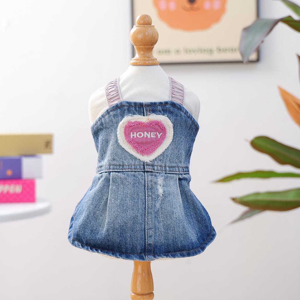 Pet circle dog cat clothes pocket skirt collection denim flower medium and small dog small red flower strap dress