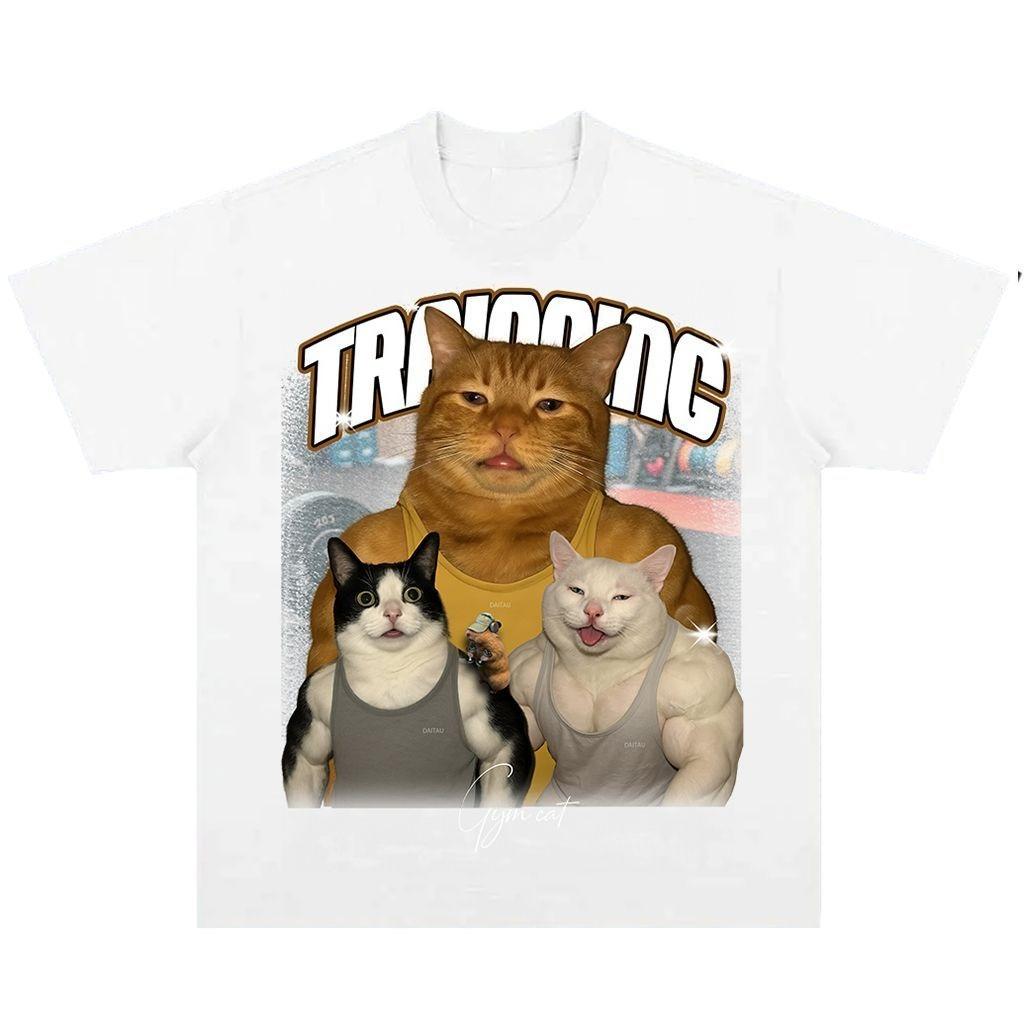 

Strength Training Fitness Muscle Cat Heavyweight Loose Short-sleeved T-shirt Animal American Print Top 4XL