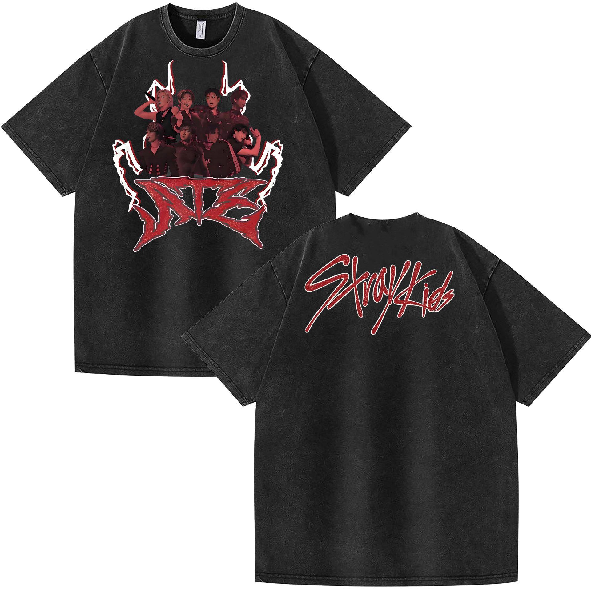 Washed Stray Kids Combination Peripheral Printing Summer Short-Sleeved T-Shirt Pure Cotton Loose S