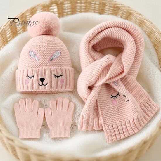 Warm Knitted Hat for Toddlers Winter Gloves Scarf Set Kids, Pompom Hat, Cute Essentials Bunny Embroidery, Cozy Boys Girls Ages 2 to 6 Outings