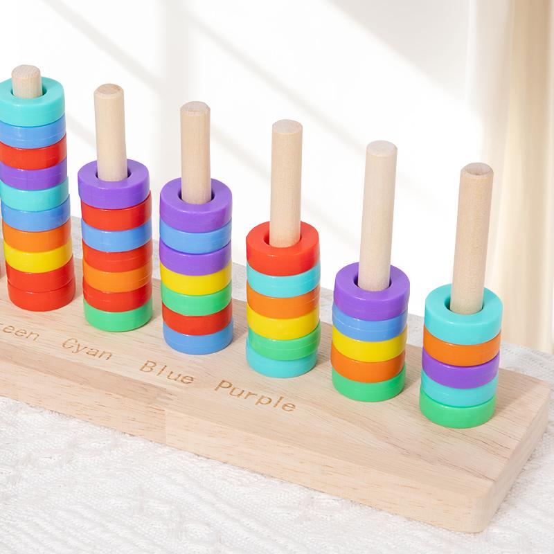 Juego de Mesa de Lanzamiento de Anillos Montessori Juguetes de Madera Juego de Rompecabezas de Clasificación por Color Juego de Cognición de Colores con Cuentas de Colores para Juguete de Educación Temprana