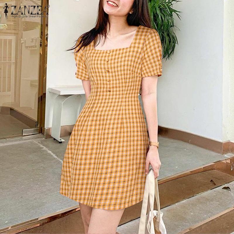 

ZANZEA Женское летнее повседневное клетчатое платье с квадратным воротником и короткими рукавами