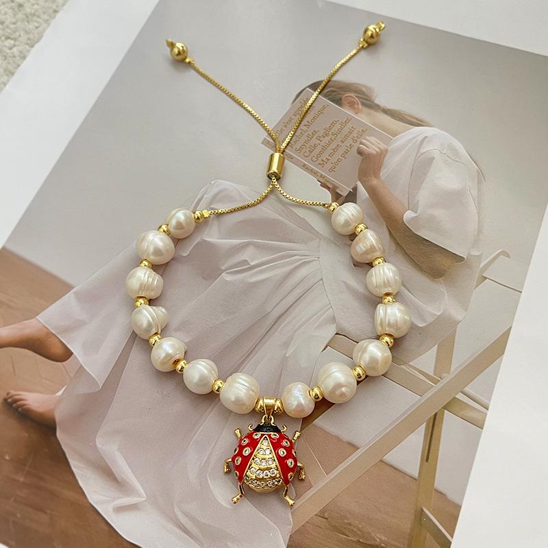 Christmas Ladybug and Bee Handmade Bracelet with Zirconium and Freshwater Pearls