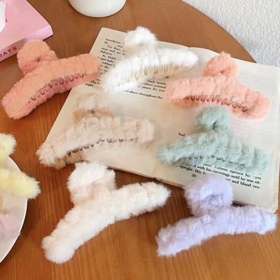 Winter Plush Hair Claw Faux Furry Korean Style Cross Teeth Back Head Shark Clip Solid Color Hair Barrette Headwear Hair Accessories