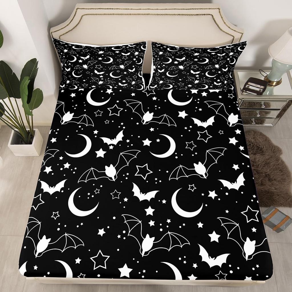 Gothic Spooky Bedding Set Pumpkin Lantern Cute Halloween Bed Sheets for Kids Boys Teens,Ghost Spiderwebs Fitted Sheet Black Cat Cobwebs Bats