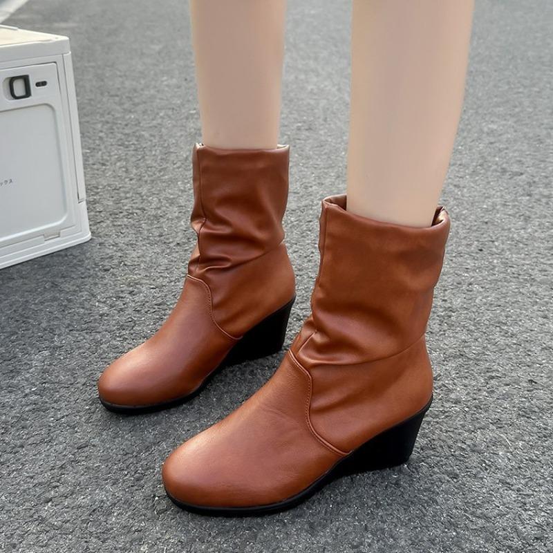 Mode Böhmen Einfarbig Braun Pu Mid-Calf Stiefeletten Damen 2025 Herbst Runde Zehenpartie Rutschfest Keilabsatz Stiefel Mode Plissiert Slip-On Stiefel