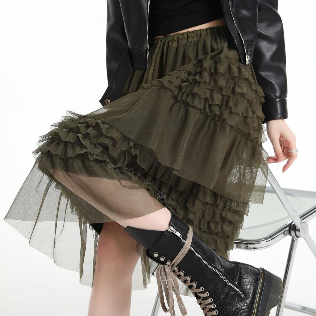 Korean Women's Layered Drawstring Mesh Skirt - Niche Design Fluffy Gauze Mid-Skirt