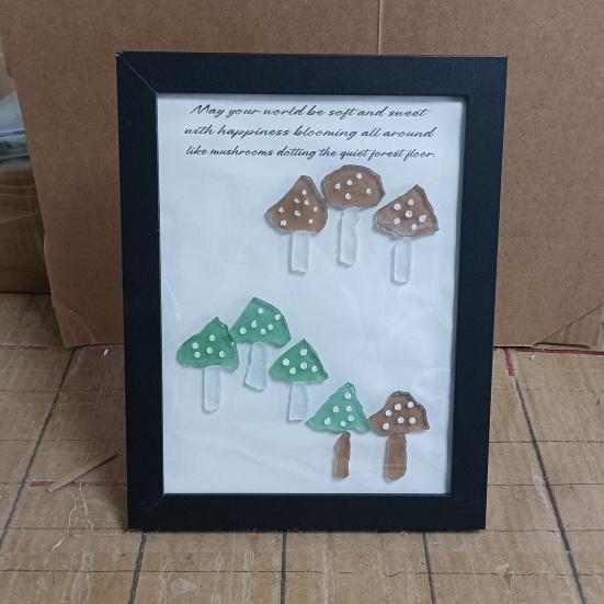Handmade Sea Glass Wall Art Decor Decorative Sea Glass Mushroom Framed Artwork Gift for Women Mom Wife Best Friends
