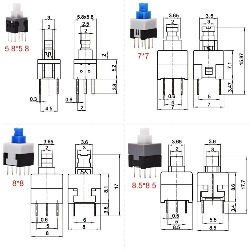 10pcs PCB Tact Tactile Micro Mini Latching Push Button On Off Self Lock UnLock Switch DIP 6 Pin Cap 5.8*5.8/7*7/8*8/8.5*8.5mm