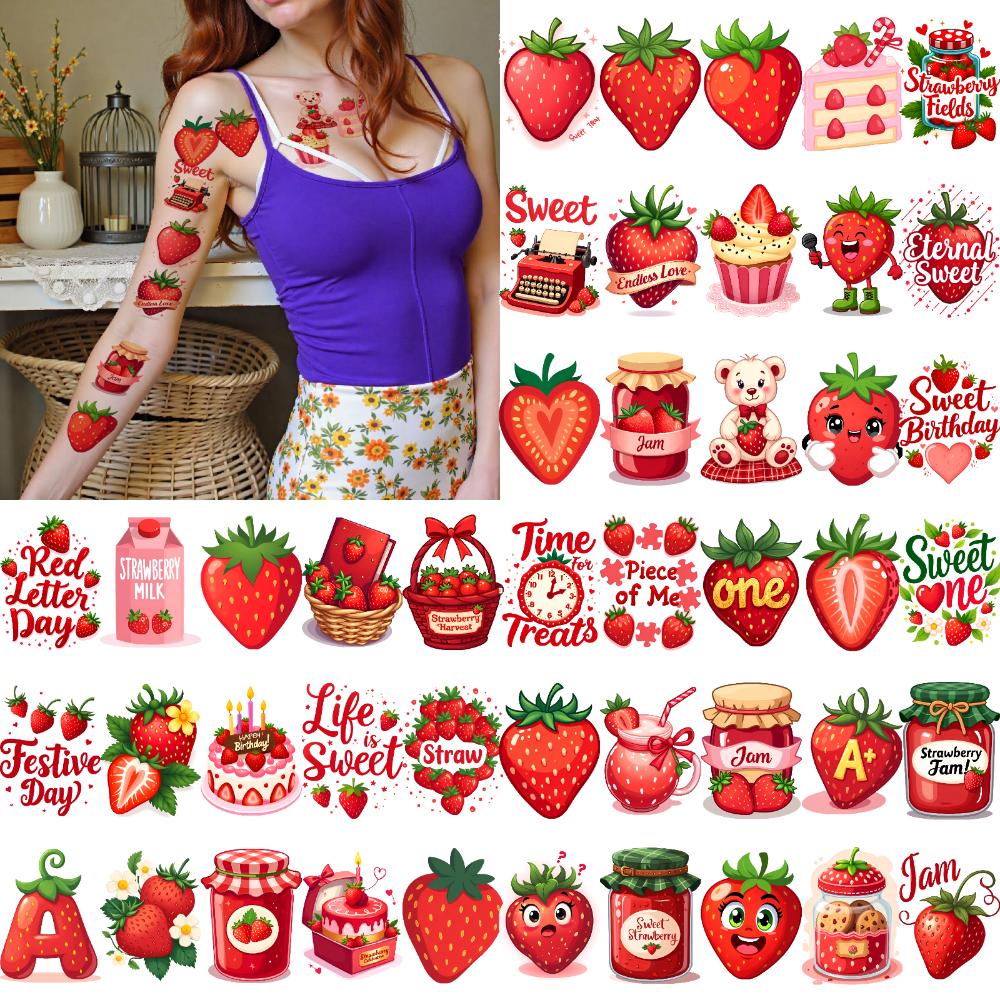 63pcs Temporary Tattoo Dessert Illustrations Cartoon Nature Decals Strawberry Stickers Waterproof Long-lasting Body Stickers For