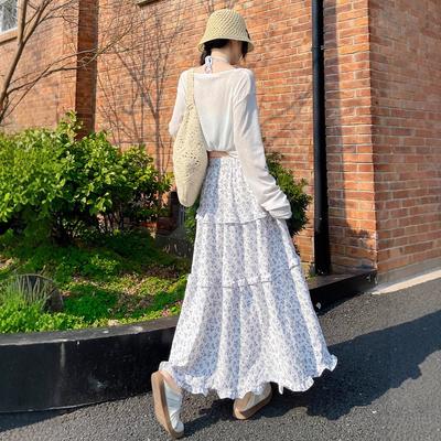 Bust Skirt Women's Spring New Korean Retro Blue Floral High-waisted A-shaped Skirt Casual Long Skirt