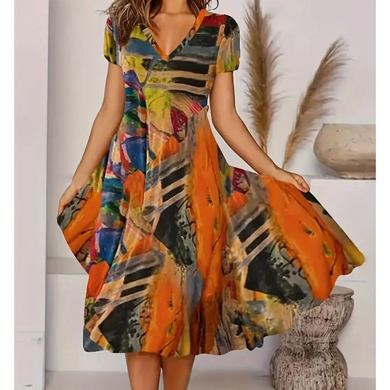 

Летняя мода Женское платье с V-образным вырезом и короткими рукавами, в стиле ретро, с принтом, сексуальное, с короткой юбкой L оранжевый