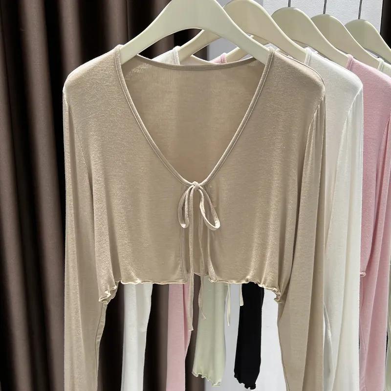 Spring Summer Sheer Tie Front Knit Top Lightweight Long Sleeve Cropped Cover Up