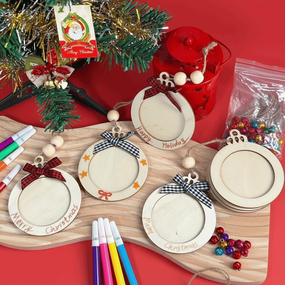 6Pcs DIY Christmas Tree Decorations Wooden Xmas Hanging Pendant Christmas Picture Frame Ornaments