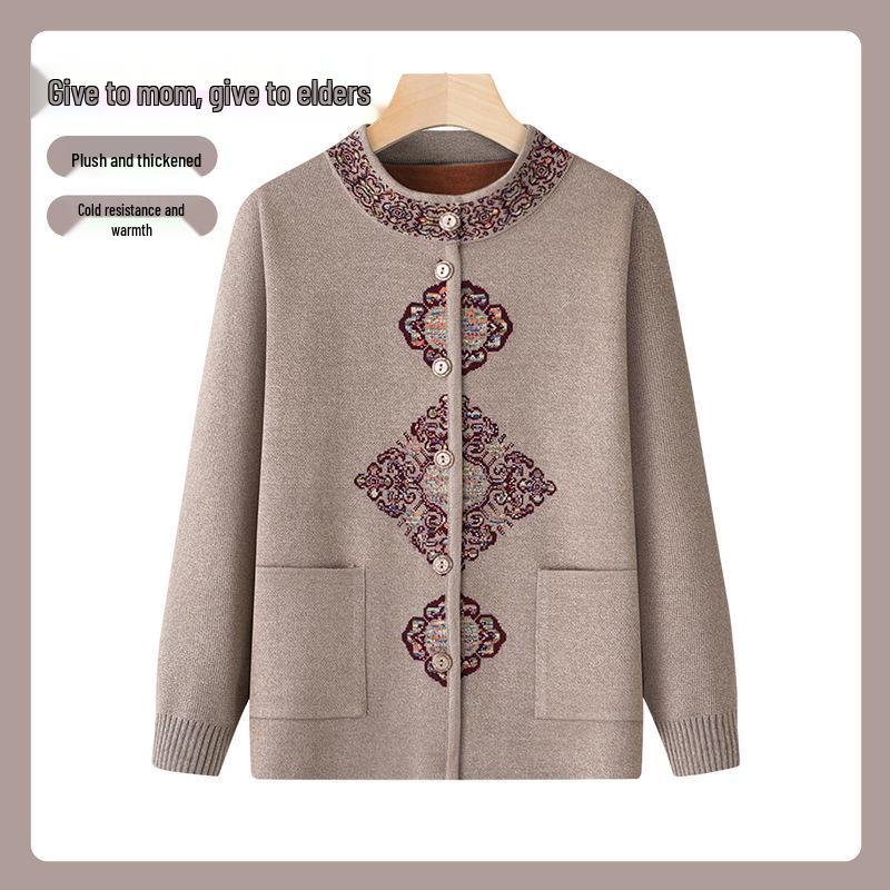 

Mid-Aged & Elderly Women s Plus Velvet Embroidered Knit Cardigan Jacket for Autumn/Winter 2XL for 105-120 jin