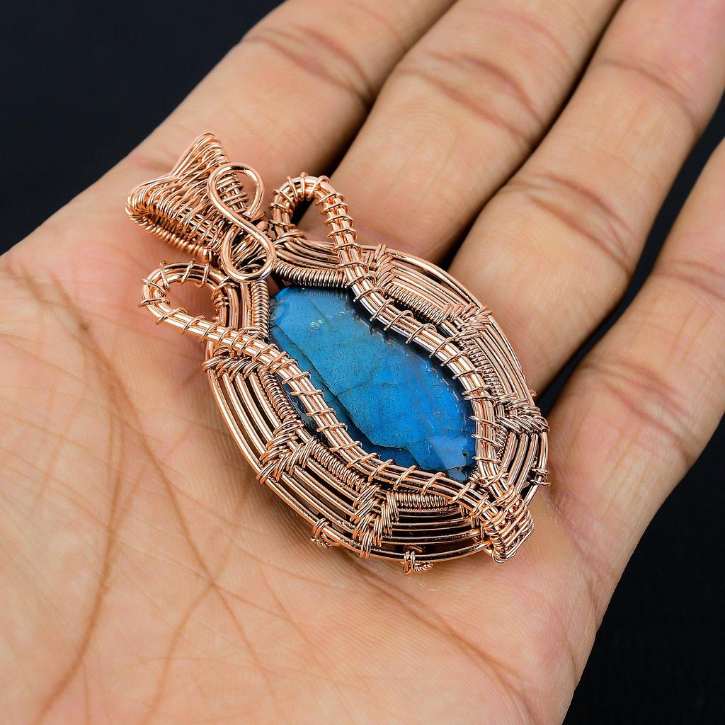 Labradorite Pendant, Handmade Gemstone 999 Copper Wire Wrapped Pendant Antique Jewelry, For Gift Silver Jewelry