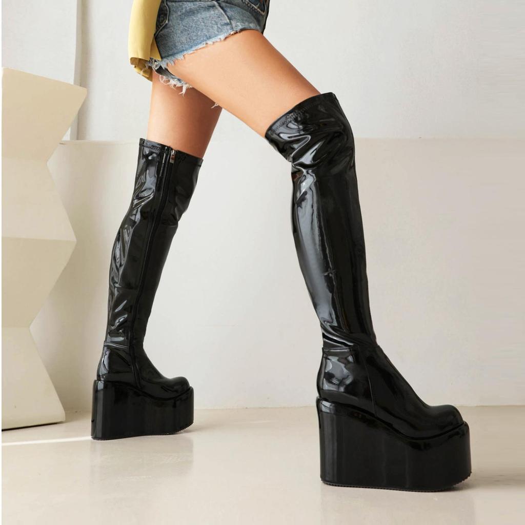 Krazing Pot PU Leather Spring Winter Keep Warm Shoes Super High Heels Waterproof Wedges Stretch Boots Zipper Women Over-the-knee Boots